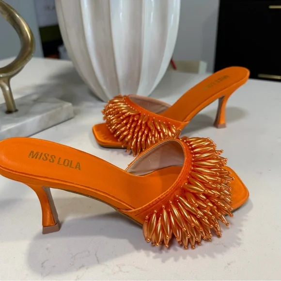 Miss Lola Ewan Orange Beaded Fringe Kitten Heel - Picture 4 of 7